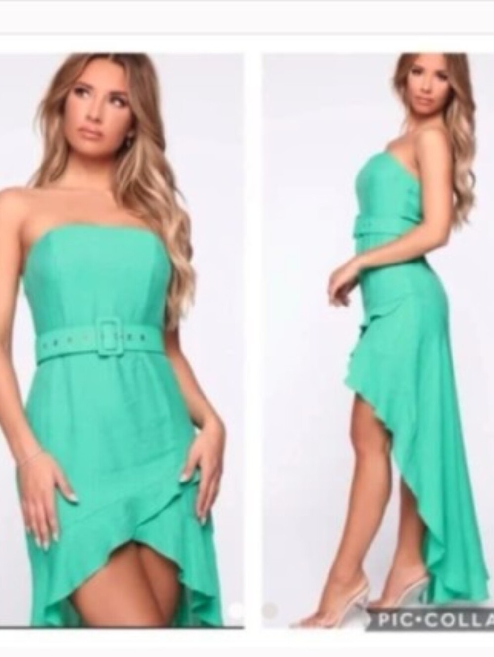 Strapless Belted High-Low Dress in Mint Green